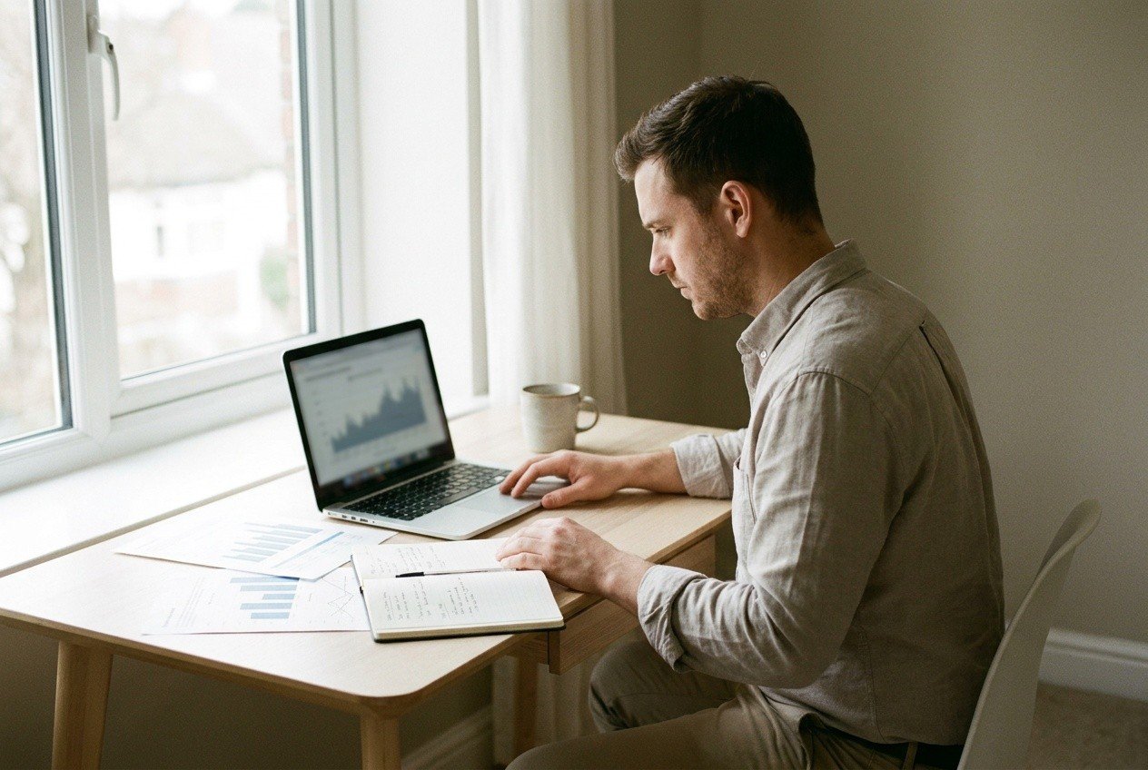 Workforce planner reviewing an intraday staffing forecast with printed schedule charts beside a laptop