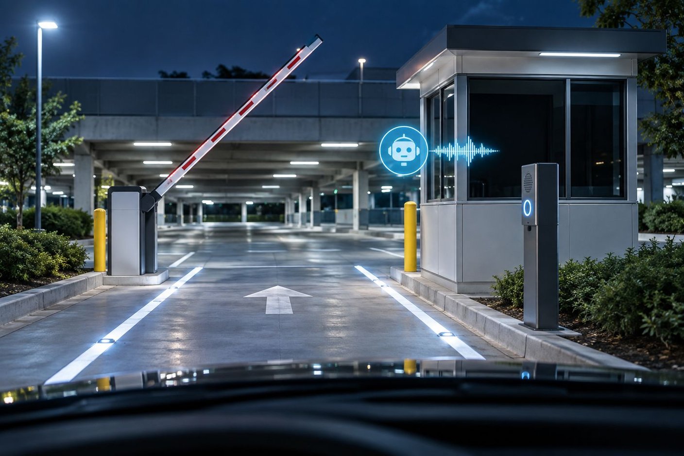 Empty parking garage booth at night with the gate arm raised and no attendant
