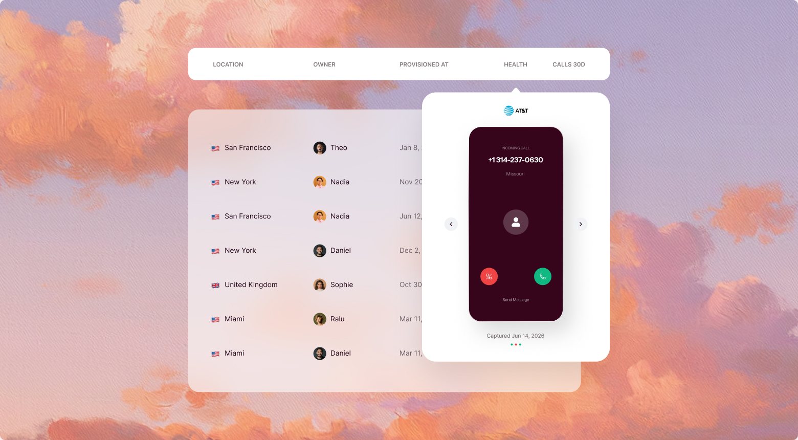 AI Dialer: an outbound call list by location next to a live call on a branded caller ID