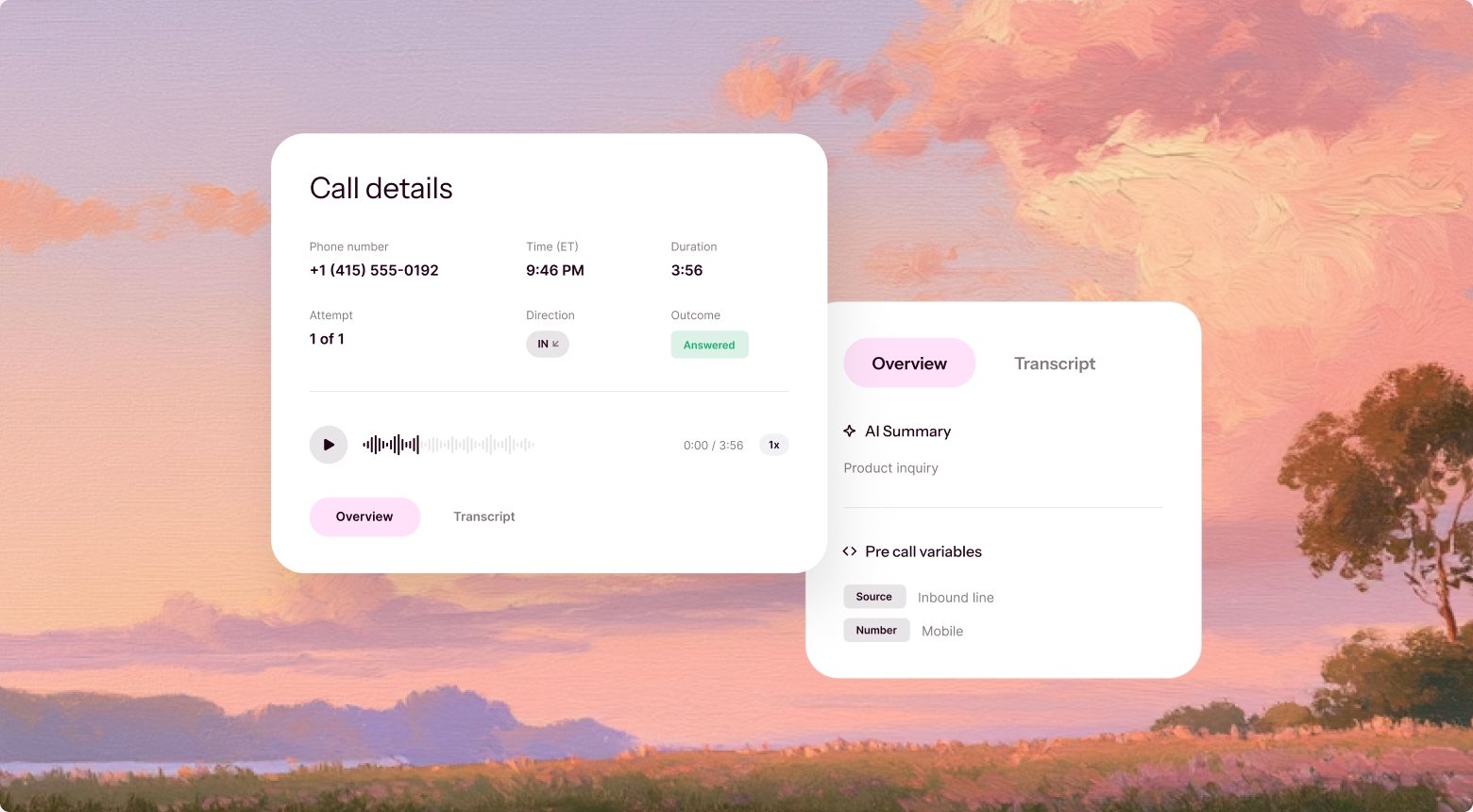 Conversational IVR call details with the AI summary, transcript and pre-call variables