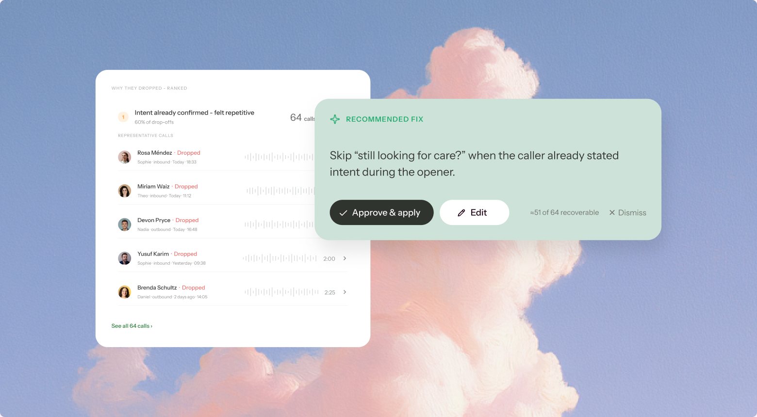 Self-Improving: a recommended fix from failed calls, ready to approve and apply to the agent