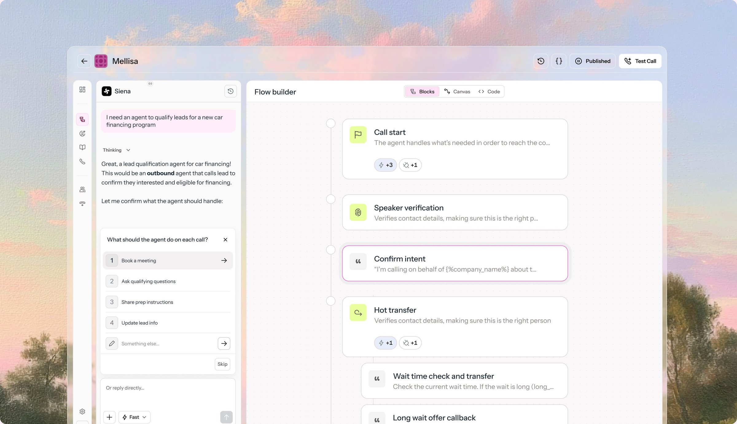 Visual editing canvas for building the call flow