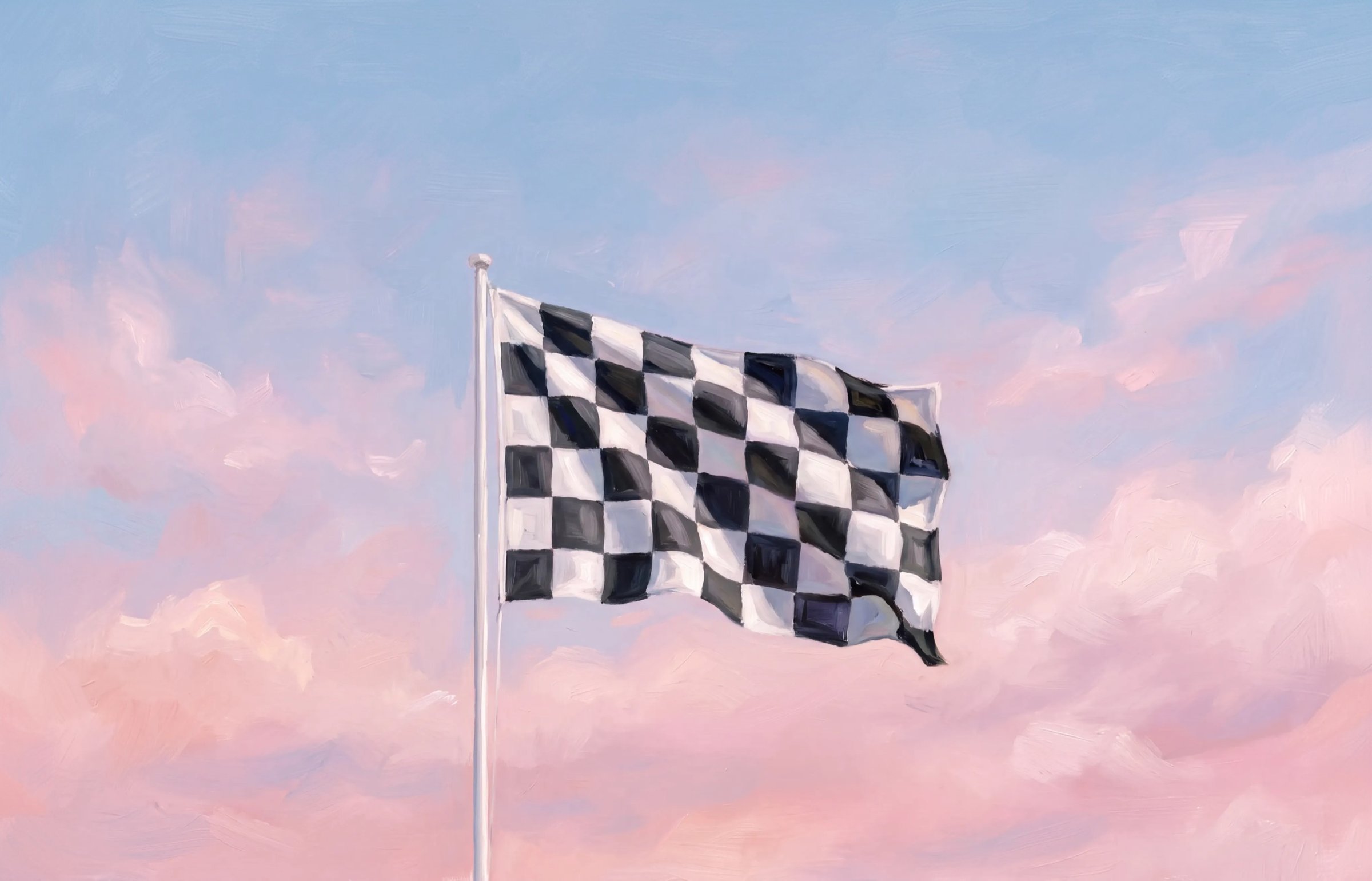 Painted checkered racing flag waving against a pink sky: dealership calls answered at full speed