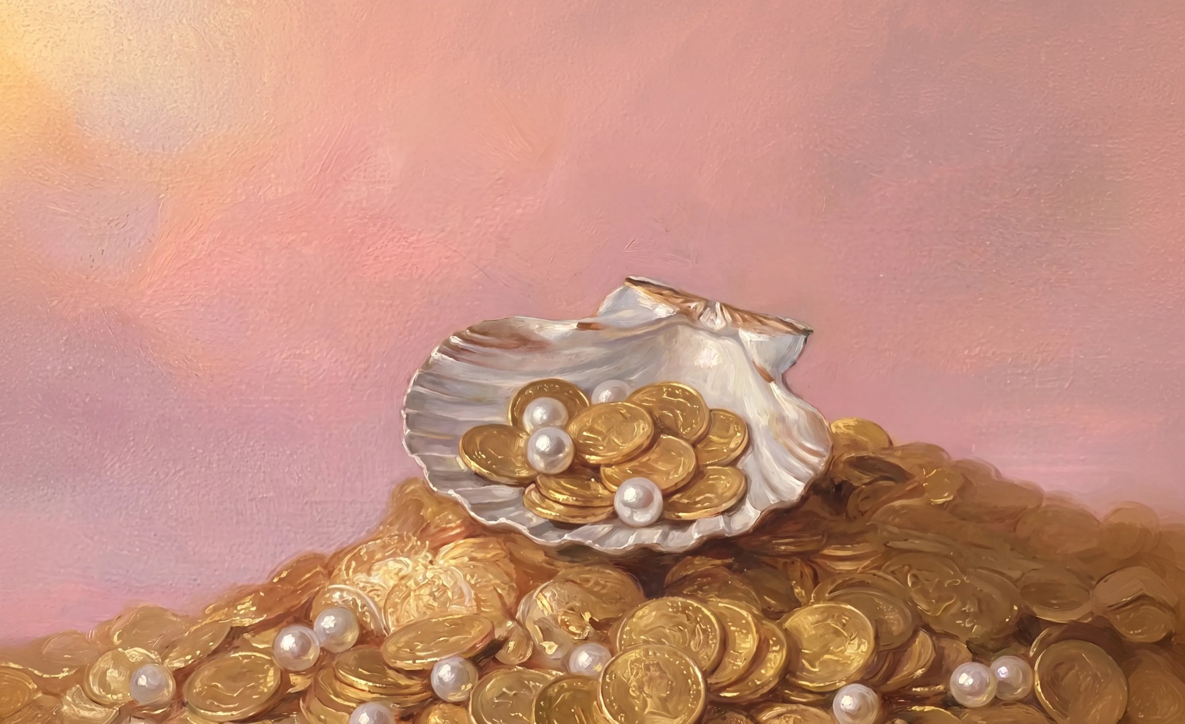 Painted seashell full of gold coins and pearls on a pile of coins: banking revenue recovered by voice AI