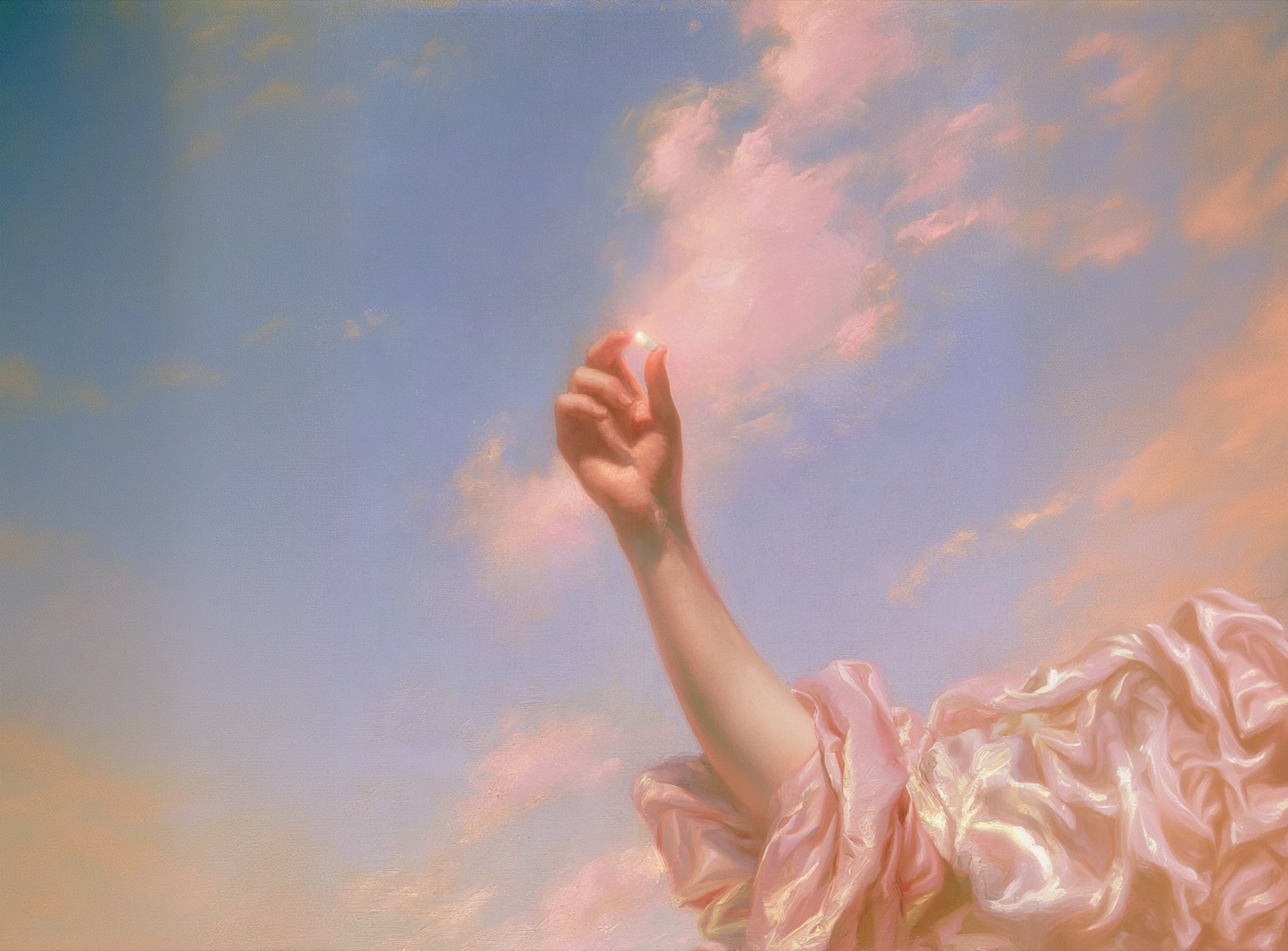 Painted arm reaching up into a soft pink sky: every patient call answered