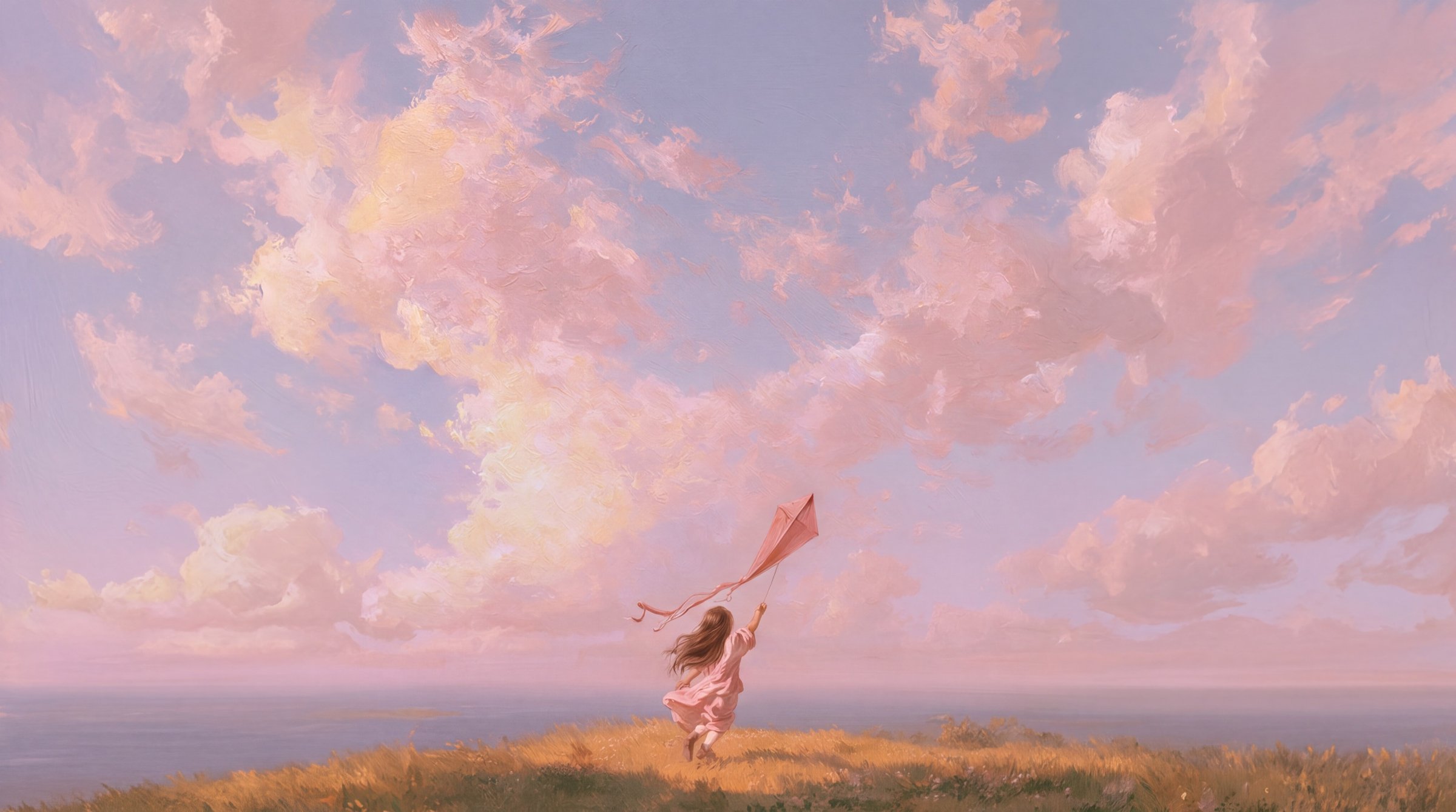 Painted figure flying a red kite on a hillside under pink clouds: coverage that never lapses