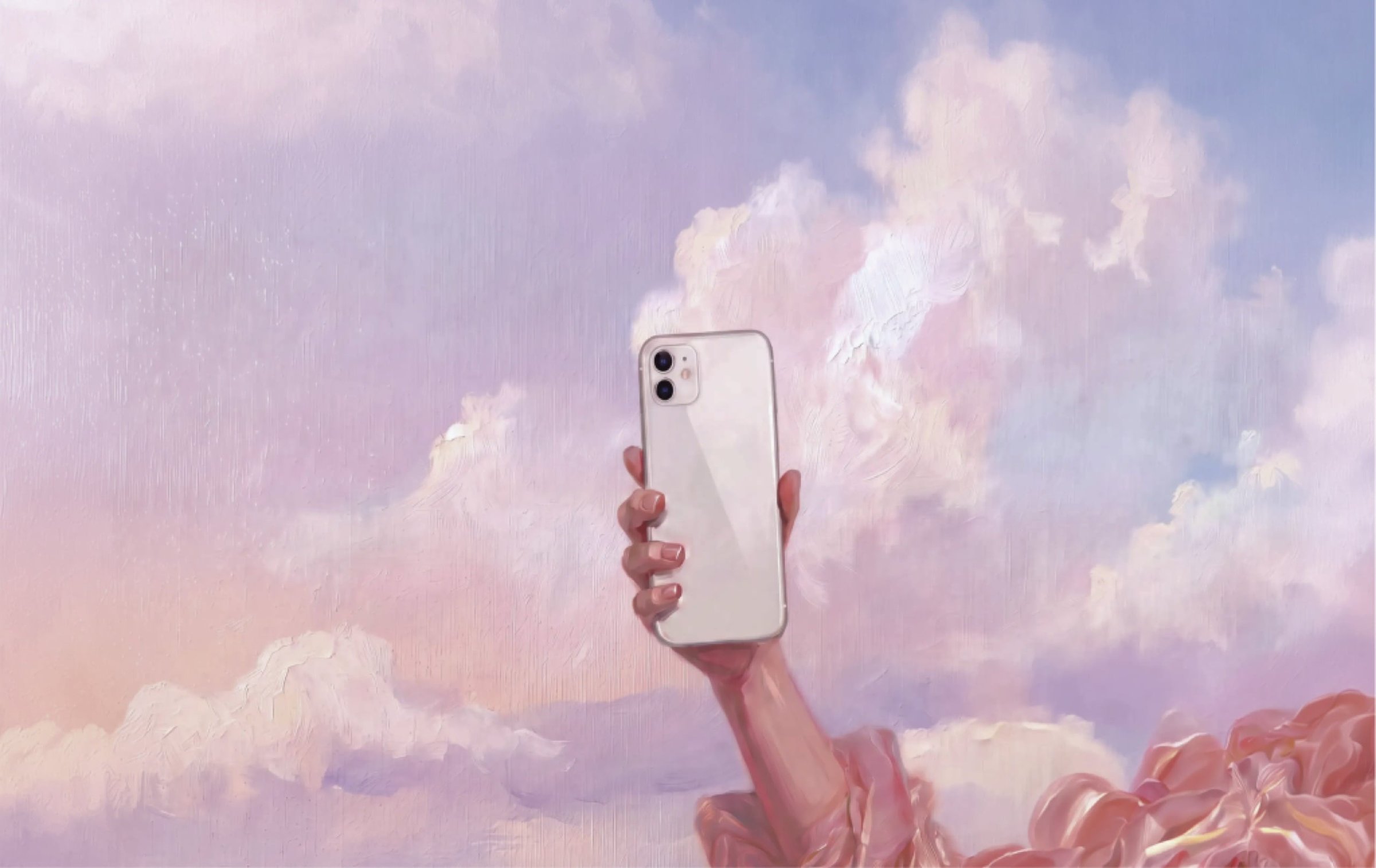Painted hand holding a smartphone up into the clouds: carrier-scale conversations, always on