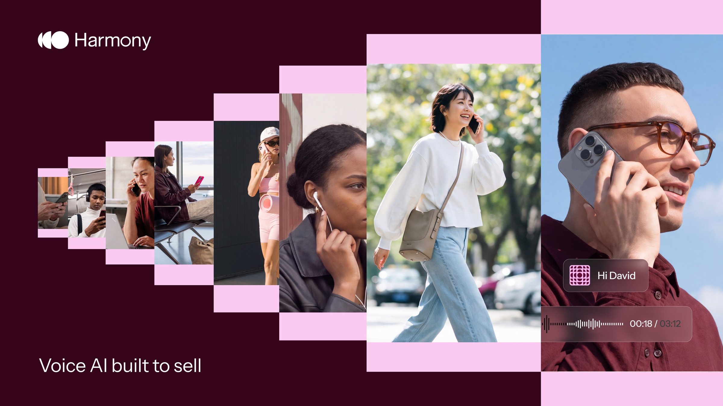 Harmony.ai launch film title card: Voice AI built to sell, with people on phone calls