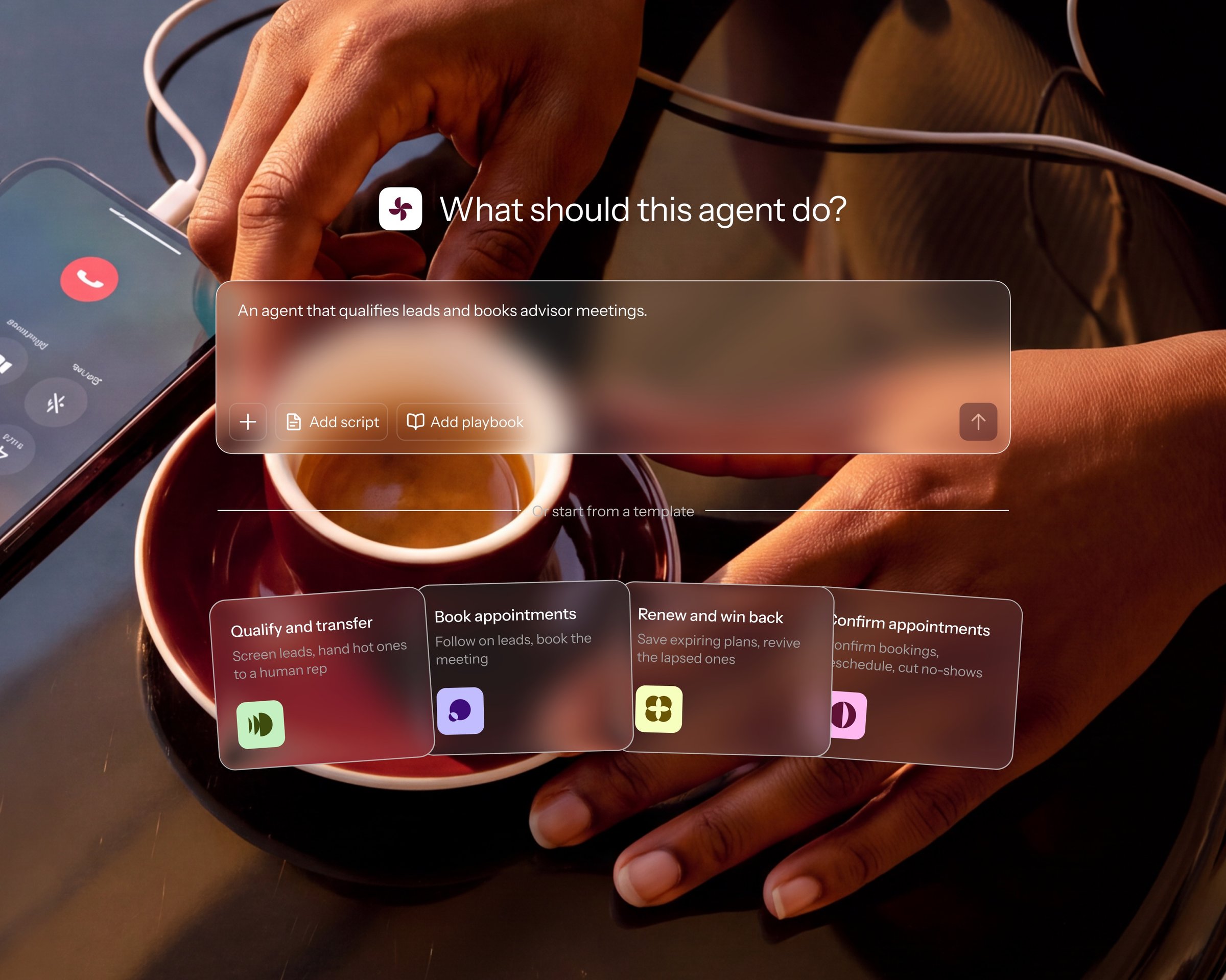 Harmony.ai Agent Builder asking what the agent should do, with templates to qualify and transfer, book appointments, renew and win back, and confirm appointments