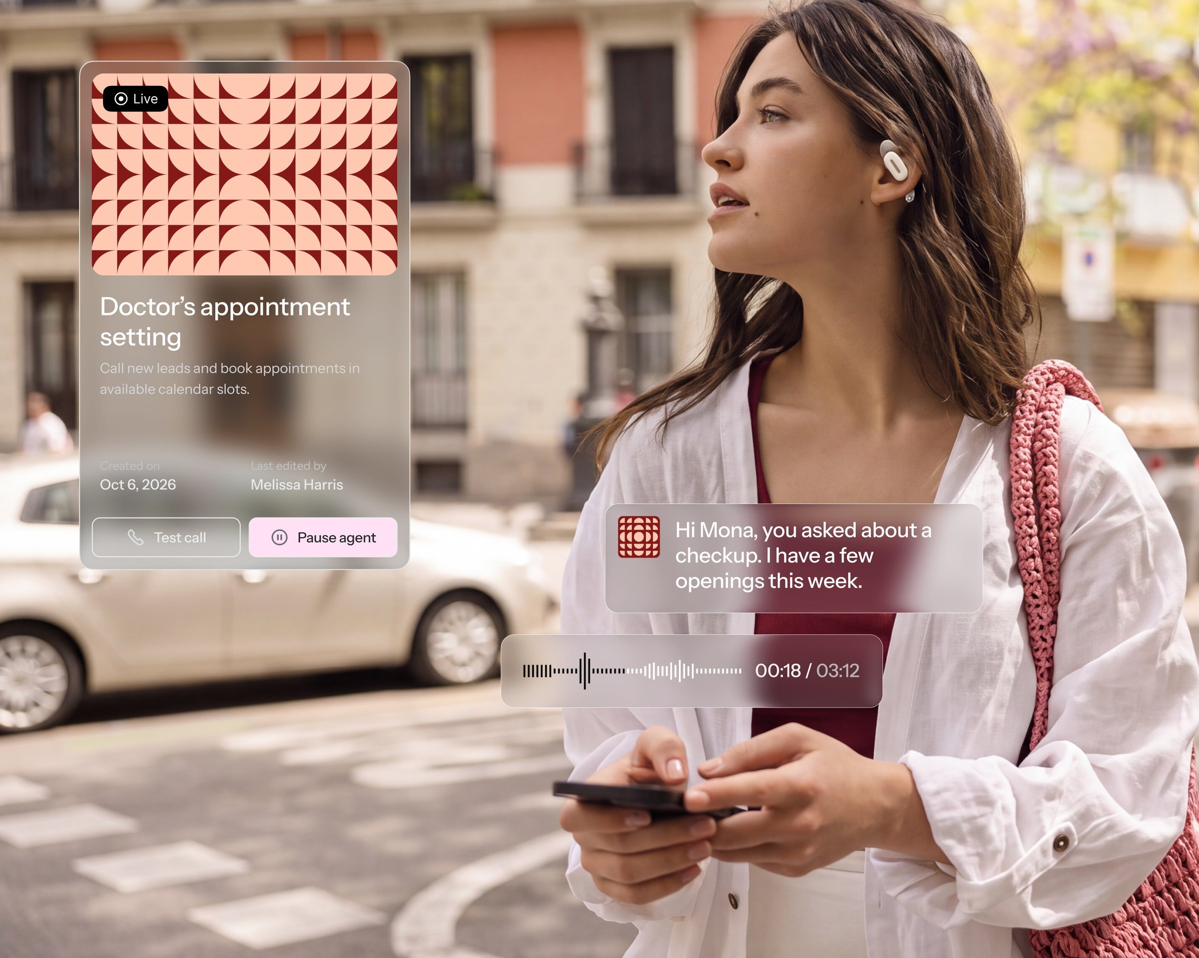 Woman on a city street taking a call from a Harmony.ai doctor's appointment setting agent