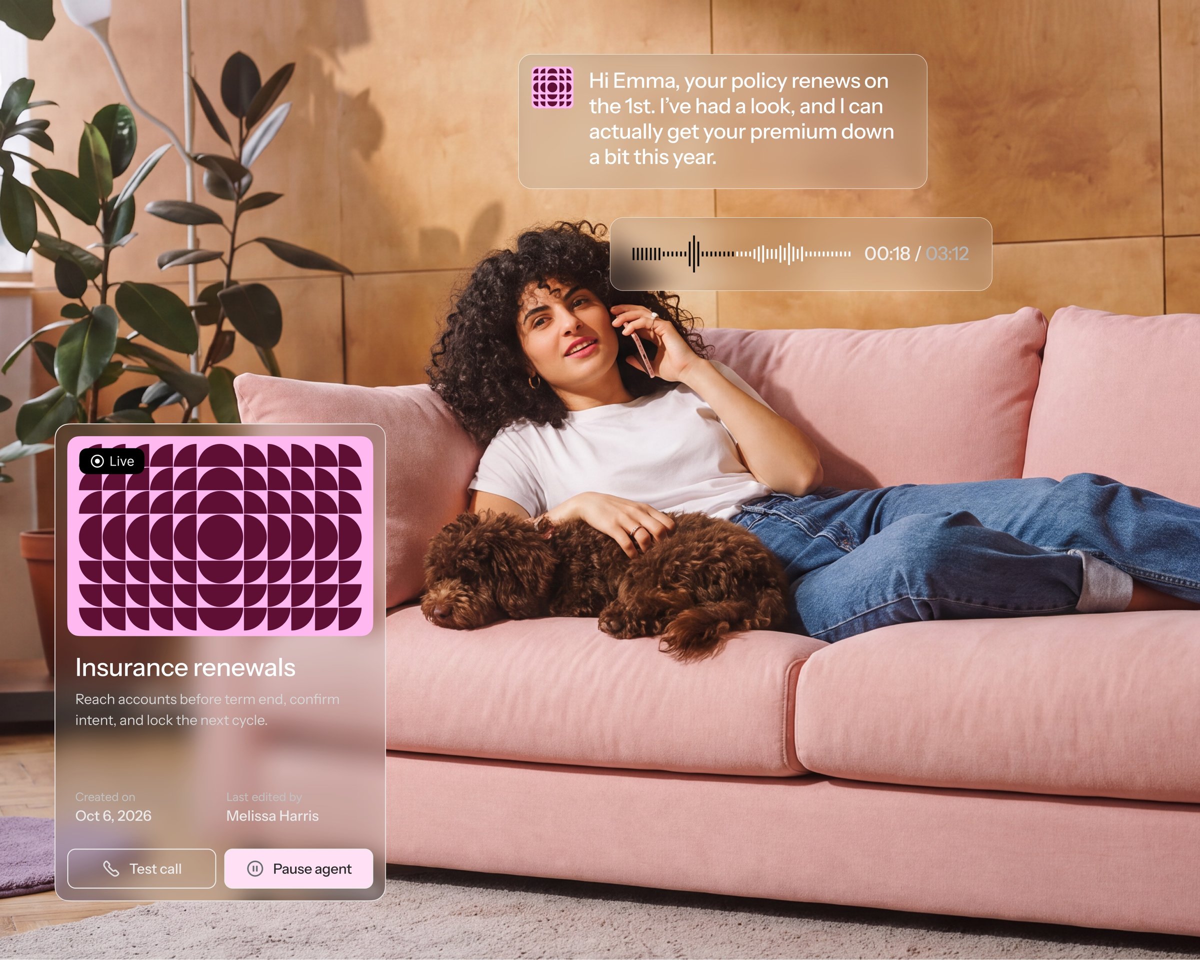 Woman on a sofa taking a call from a Harmony.ai insurance renewals agent