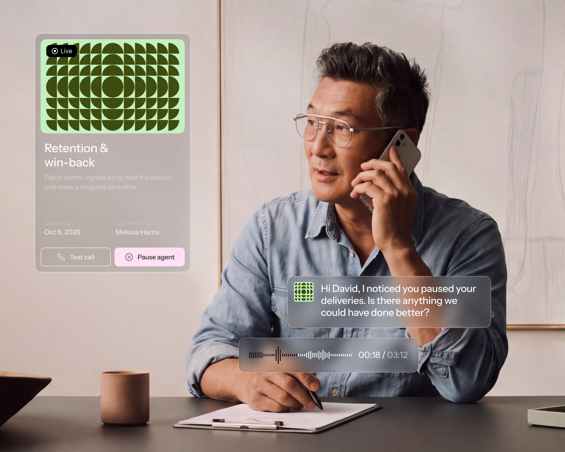 Man at his desk on a call with a Harmony.ai retention and win-back agent about paused deliveries