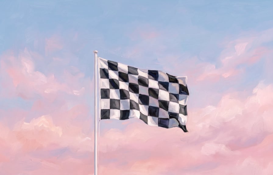 Painted checkered racing flag waving against a pink sky