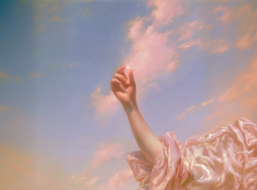 Painted arm reaching up into a soft pink sky
