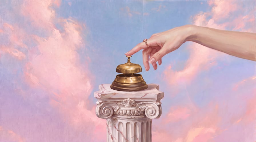 Painted hand ringing a gold concierge bell on a marble column