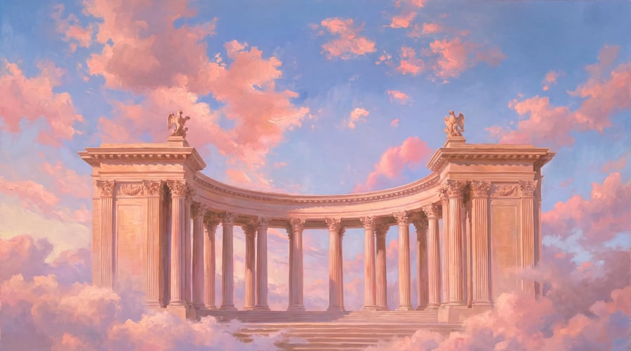 Painted classical colonnade floating among pink clouds