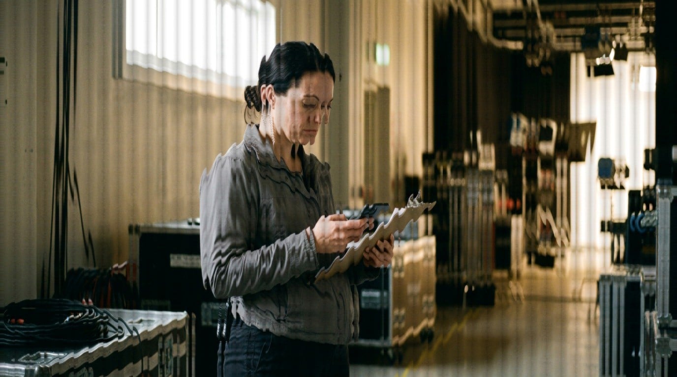 Television production coordinator checking a call sheet backstage among cable cases and lighting rigs