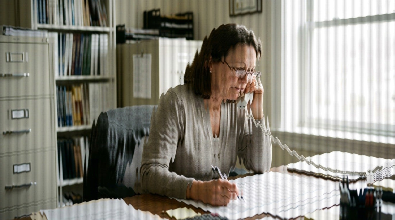 Accountant on a phone call reviewing a client ledger printout at her desk
