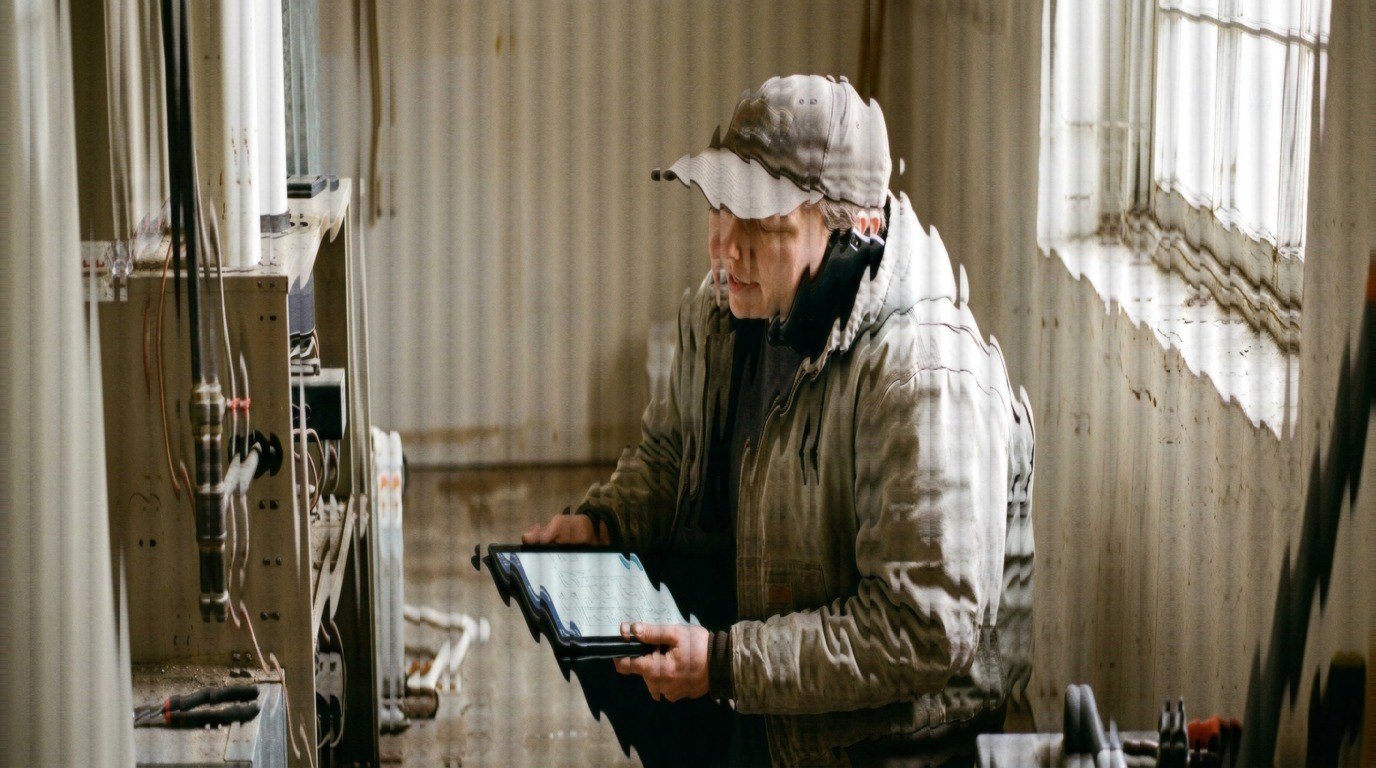 Contractor in a cap and work jacket on a call, tablet in hand, in an unfinished utility room: the site visit a fast estimate call books