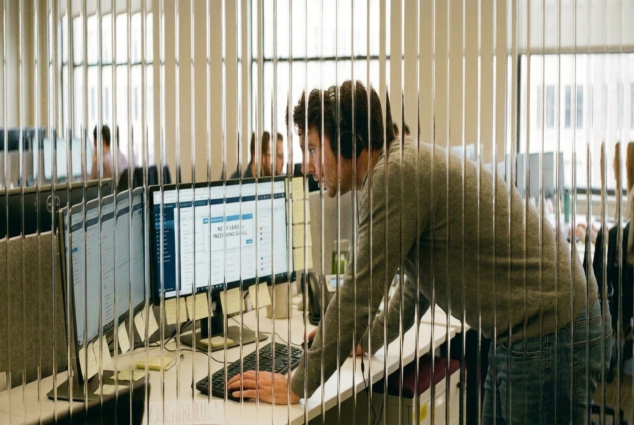 Rep in a headset leaning in to open a record on a monitor in an open-plan office: where a stalled estimate's new appointment gets logged