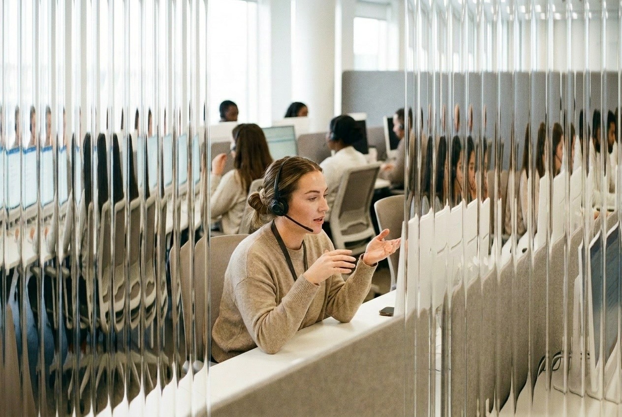Contact center agent in a headset mid-call on a busy floor, the human side of a BPO program where AI pre-qualifies each client's list