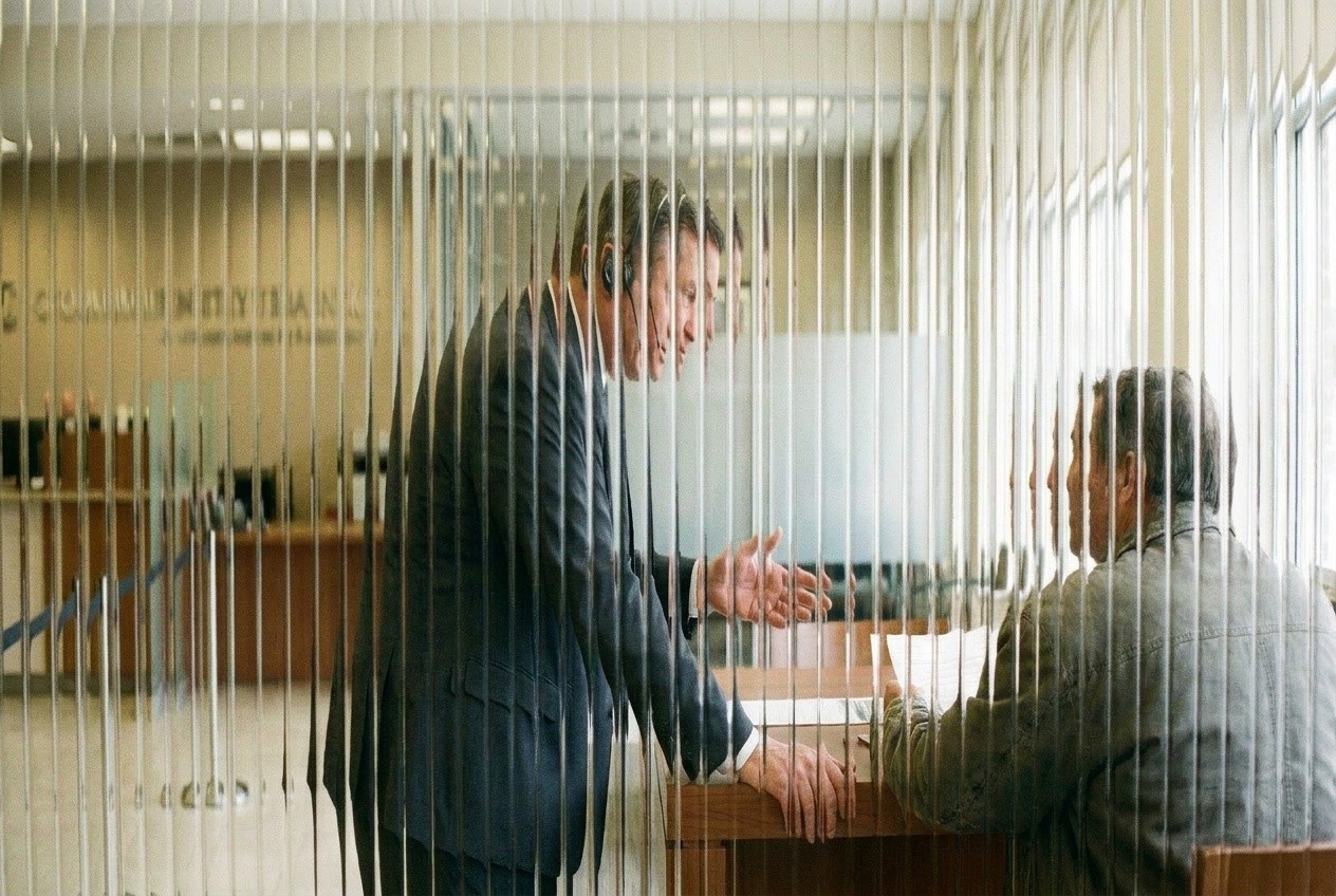 Loan officer leaning over a branch desk to walk a seated borrower through paperwork, the meeting a fast first call on a rate inquiry sets up
