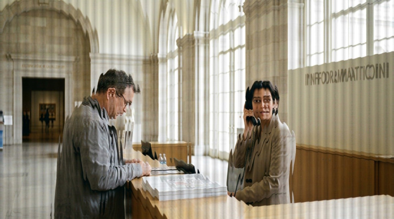 Museum information desk attendant answering a call about visiting hours while a visitor checks a gallery map