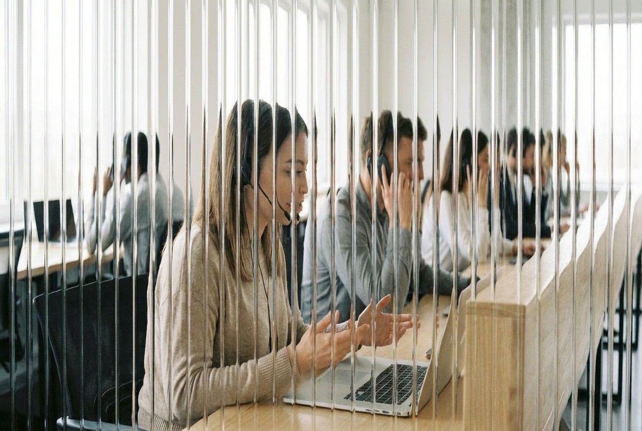 Two agents in headsets at a shared bench, one mid-call, standing in for a team working a fiber pre-registration list in a newly passed area