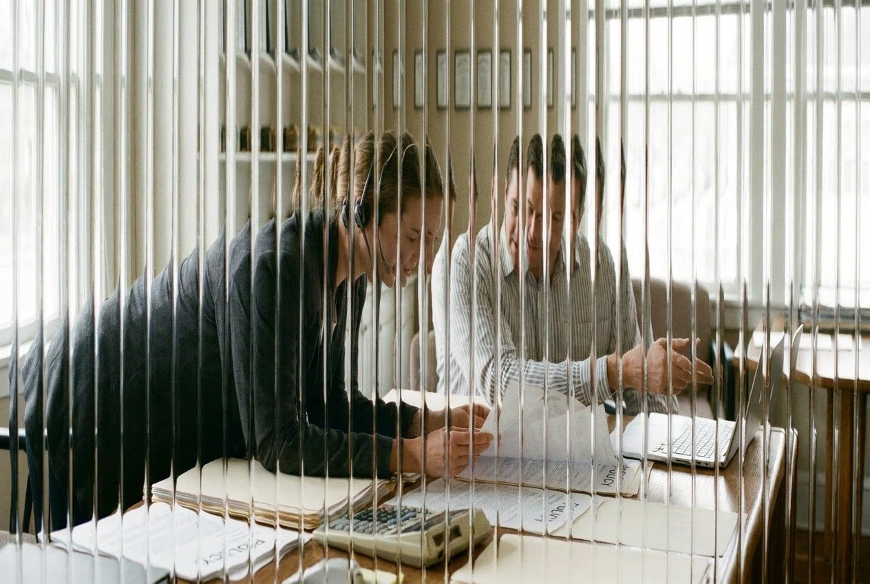 Two agents going through paper policy files at a desk, the producer time saved when the AI agent calls and qualifies quote requests first